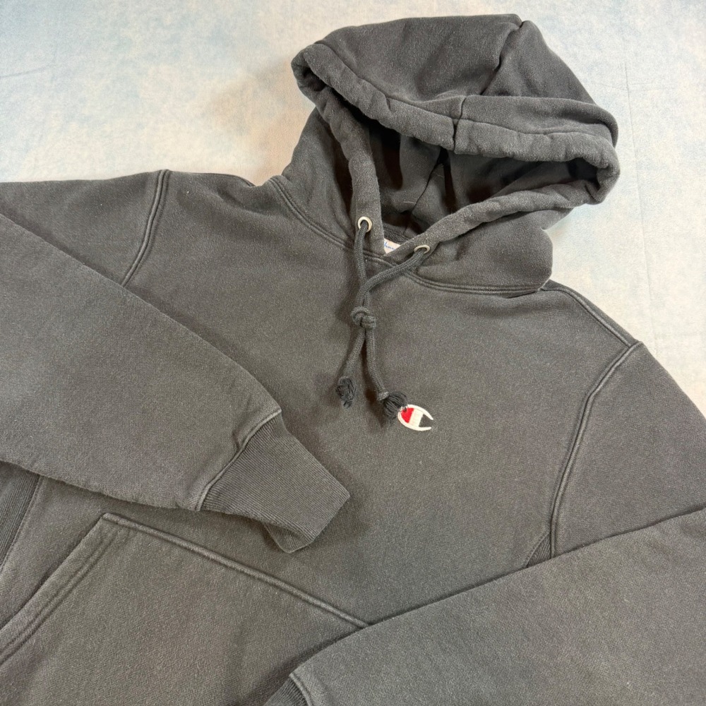 Champion Reverse Weave Hoodie Mens Small Black Excellent Logo Sweatshirt
